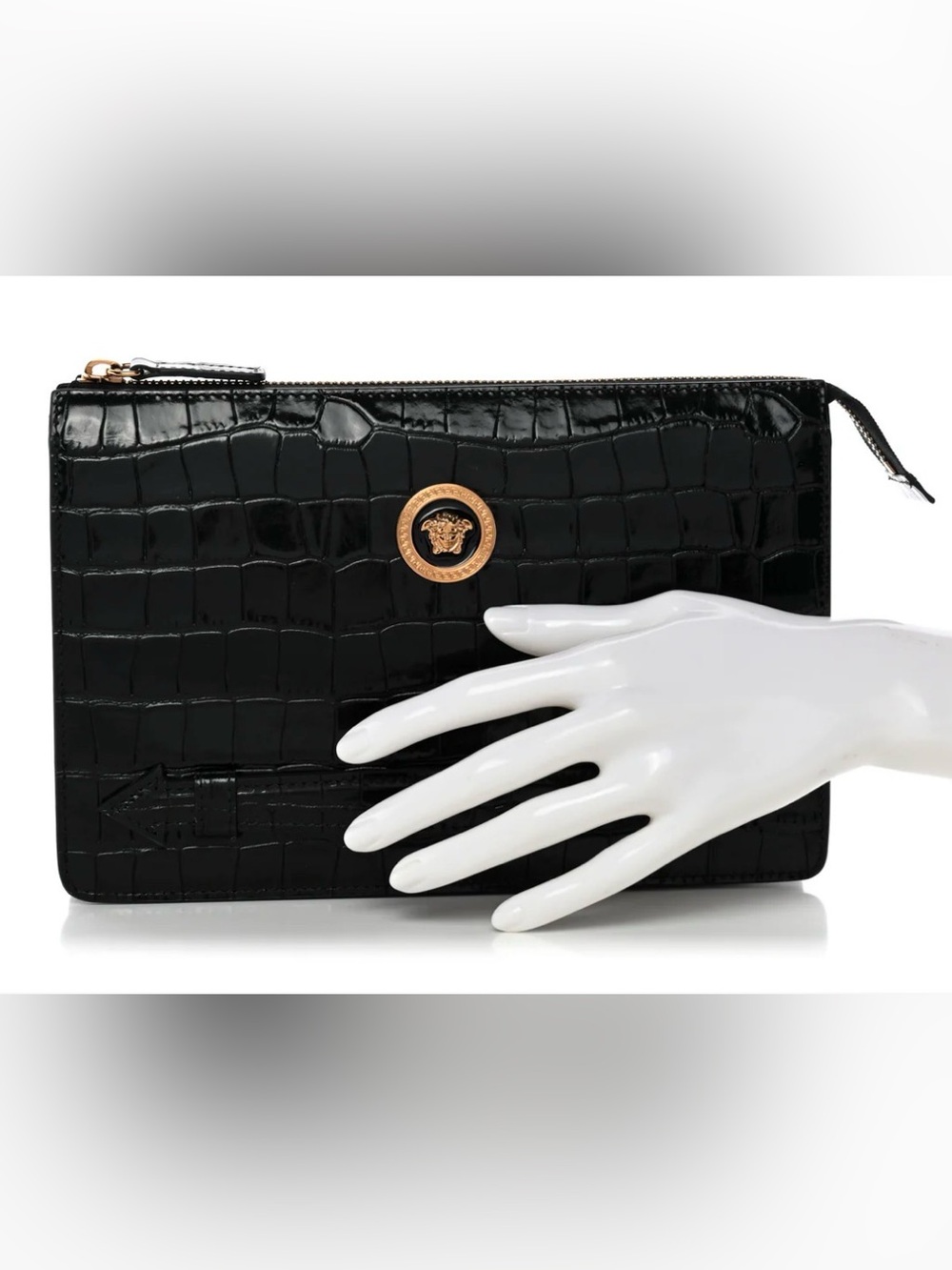 Versace Black Croc-Embossed Leather Zip Pouch with Gold Medusa Accent - Picture 8 of 9